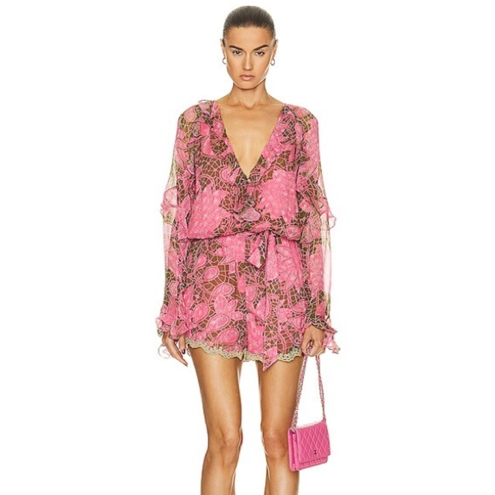 HEMANT & NANDITA Pink Lace Long Sleeve Mini Dress